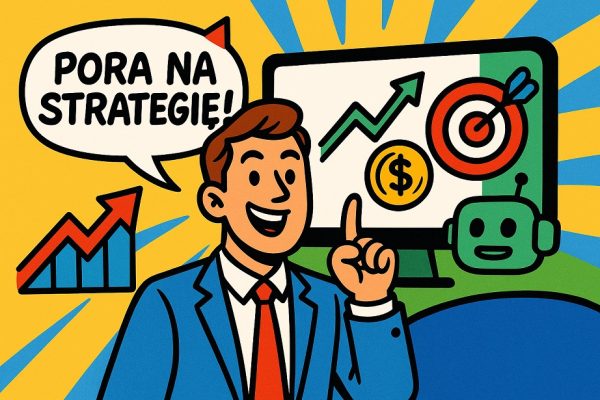 Strategia treści biznesowych 2025 – AI, ROI i personalizacja pokazane w formie komiksowej ilustracji