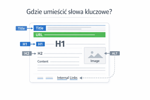 Schemat strony internetowej pokazujący, gdzie umieszczać słowa kluczowe w title, nagłówkach, treści, adresie URL, opisach ALT i linkach wewnętrznych.
