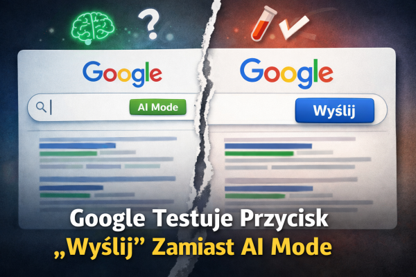 Test interfejsu Google Search pokazujący niebieski przycisk „Wyślij” zastępujący AI Mode w polu wyszukiwania jako element eksperymentu UX