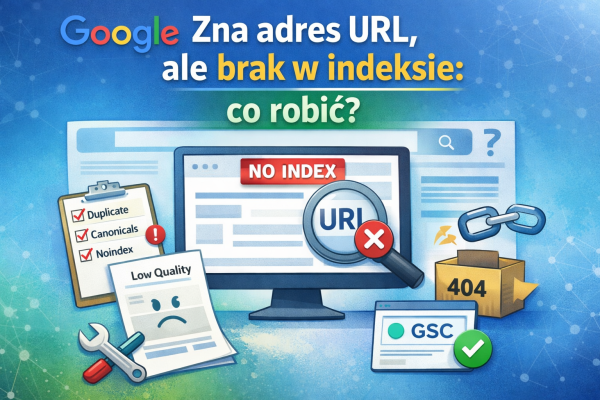 Ilustracja przedstawiająca sytuację, w której Google zna adres URL strony, ale nie dodaje jej do indeksu – ekran z komunikatem no index, elementy Google Search Console, problemy z jakością treści, canonical i linkowaniem.