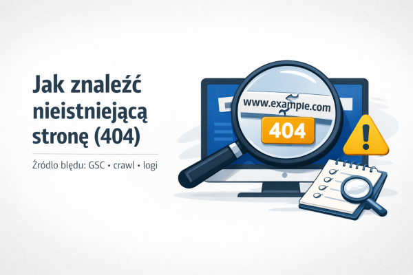 Ilustracja z maskotką Hipek trzymającą lupę, w której widać etykietę „404” na fragmencie adresu URL; po lewej nagłówek „Jak znaleźć nieistniejącą stronę (404)