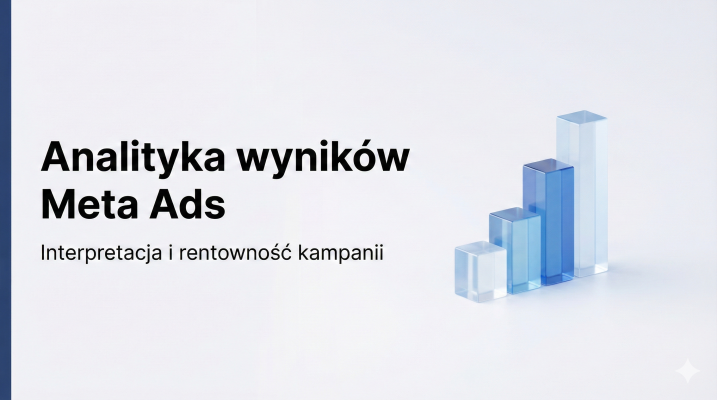 Grafika wyróżniająca w jasnej kolorystyce przedstawiająca nowoczesny wykres 3D oraz napisy dotyczące analizy wyników i rentowności reklam w Meta Ads.