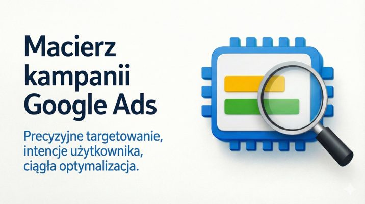 Minimalistyczna grafika o kampaniach Google Ads dla firmy budowlanej z motywem lupy i podziału usługa × miasto.