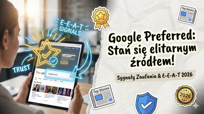 Google Preferred Sources. Przedstawia wydawcę z cyfrowym certyfikatem zaufania, neonowymi sygnałami E-E-A-T i złotą odznaką wyróżnionego źródła w Google.