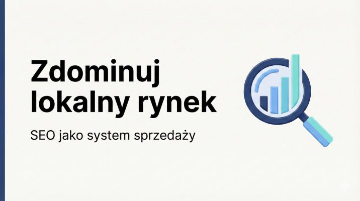 Minimalistyczna grafika biznesowa z napisem „Zdominuj lokalny rynek” i ikoną lupy z wykresem, prezentująca pozycjonowanie firmy sprzątającej jako system sprzedaży.